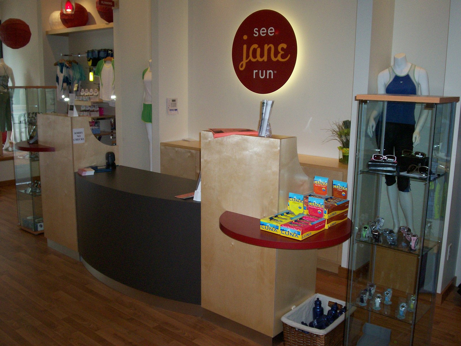 See Jane Run TM is a retail outlet we furnished in down town Boise next to The Mode building. My team and I custom built the cabinets, shelving, front counter, and supplied and installed the product racks and hooks. 