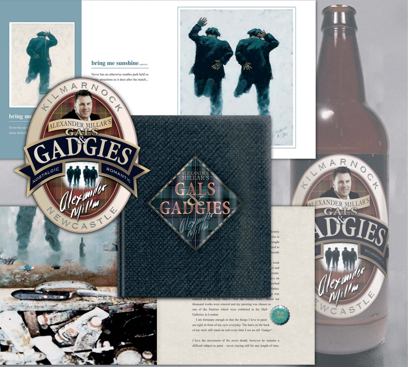 Book cover (inspired by a donkey jacket label) and proposed promotional beer bottle.