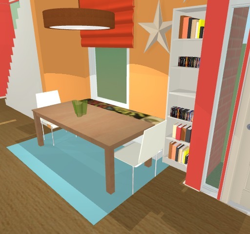 This is a small 9x6 space that I created a nook for eating breakfast. It has a bench seat with a cushion, simple dining table, 2 chairs, bookcase for storage and a new pendent light.