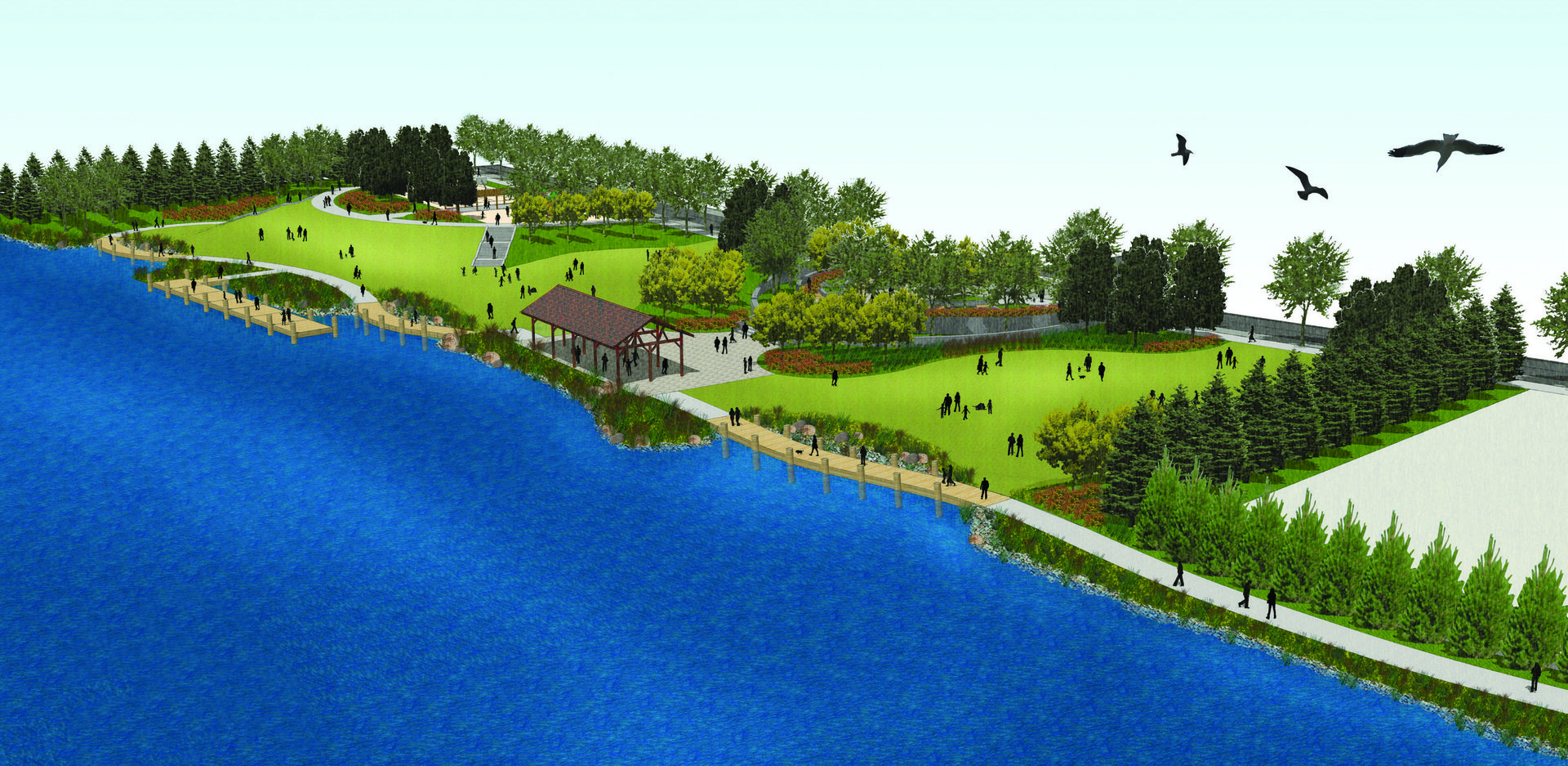 New plazas, gently sloping open lawn areas and an overlook pavilion allow for a diverse range of uses and activities.